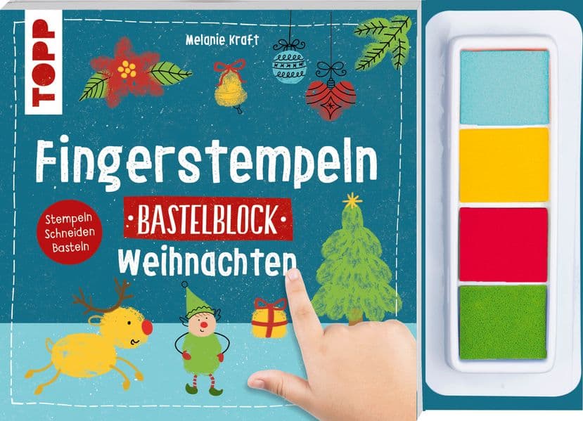 Fingerstempeln. Bastelblock Weihnachten: Stempeln, Schneiden, Basteln. Mit 4 farbigen Stempelkissen