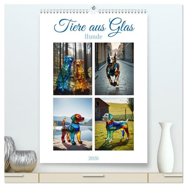 Tiere aus Glas - Hunde (hochwertiger Premium Wandkalender 2026 DIN A2 hoch), Kunstdruck in Hochglanz: Faszinierende Hunde aus farbenfrohem Glas, kunstvoll gestaltet und detailverliebt präsentier
