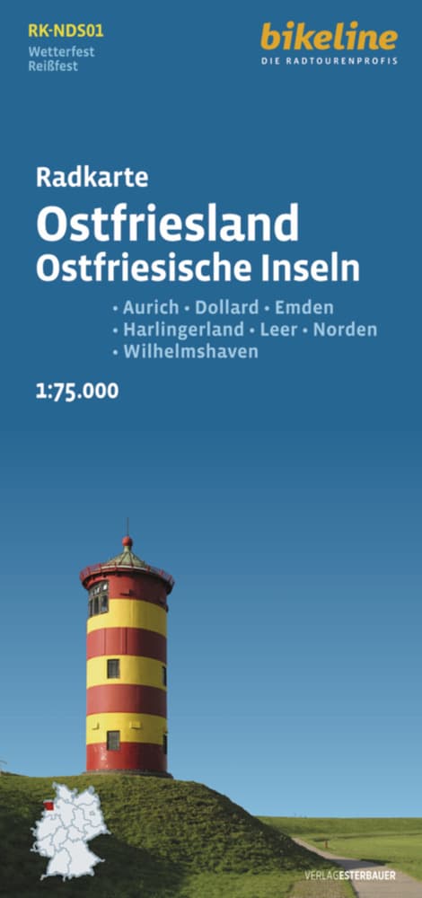 Radkarte Ostfriesland Ostfriesische Inseln: Aurich - Dollard - Emden - Harlingerland - Leer - Norden - Wilhelmshaven, 1:75.000, wetterfest/reißfest, GPS-tauglich mit UTM-Netz