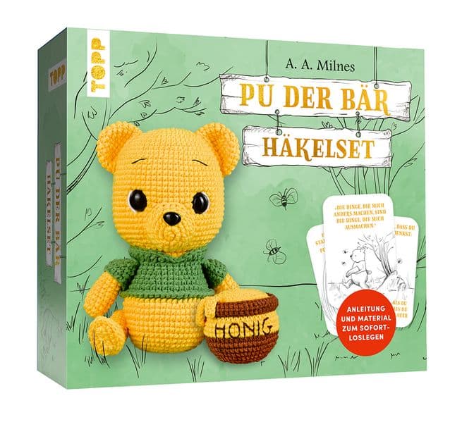 Pu der Bär Häkelset: Anleitung mit Fotos und Videos, Misch-Garn, Häkelnadel, Füllwatte, Karten mit Zitaten