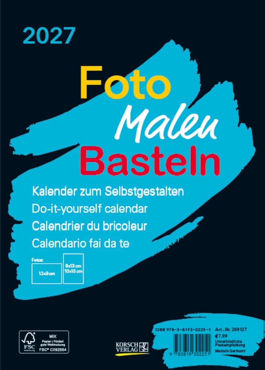 Foto-Malen-Basteln Bastelkalender A5 schwarz 2027: Fotokalender zum Selbstgestalten. Aufstellbarer do-it-yourself Kalender mit festem Fotokarton.