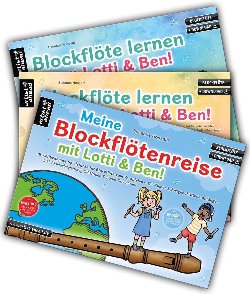 Blockflöte lernen mit Lotti & Ben - Band 1 und 2 + Meine Blockflötenreise im Set!: Die Blockflötenschule für Kinder - der superleichte Einstieg (inkl. Klavierbegleitung, QR-Codes + Audio-Download)