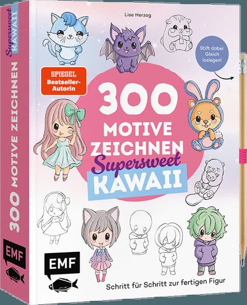 300 Motive zeichnen - Supersweet Kawaii: Schritt für Schritt zur fertigen Figur: Personen, Tiere und Chibis malen | Stift dabei - Gleich loslegen!