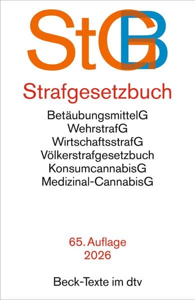 Strafgesetzbuch. StGB: mit Einführungsgesetz, Völkerstrafgesetzbuch, Subventionsgesetz, Wehrstrafgesetz, Wirtschaftsstrafgesetz, Betäubungsmittelgesetz, Konsumcannabisgesetz, Medizinal-Cannabisgesetz, Versammlungsgesetz sowie Auszügen aus dem Jugendgerichtsgesetz,Straßenverkehrsgesetz, Ordnungswidrigkeitengesetz und Grun