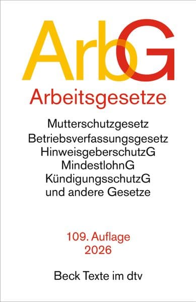 Arbeitsgesetze. ArbG: mit den wichtigsten Bestimmungen zum Arbeitsvertragsrecht (einschl. Kündigungsrecht) und Berufsbildungsrecht, den für das Arbeitsverhältnis bedeutsamen Normen des Sozialrechts, zum Arbeitsschutz sowie zum Tarifrecht, Betriebsverfassungsrecht, Recht der. Unternehmensmitbestimmung und zum Verfahrensre