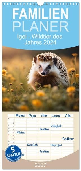 Familienplaner 2027 - Igel - Wildtier des Jahres 2024 mit 5 Spalten (Wandkalender, 21 x 45 cm) CALVENDO: Mit Stachelpelz auf der Jagd nach Schnecken und Larven im heimischen Garten