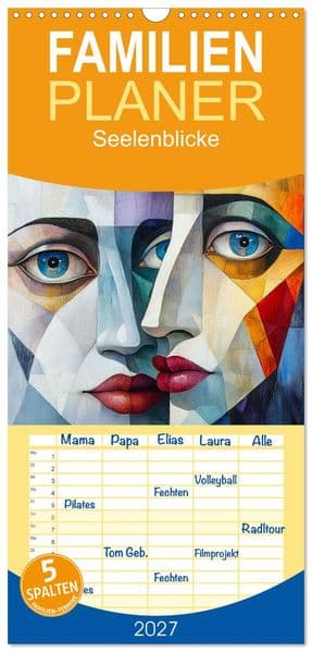 Familienplaner 2027 - Seelenblicke mit 5 Spalten (Wandkalender, 21 x 45 cm) CALVENDO: Diese Kollektion fängt die unsichtbare Verbindung zwischen Mensch und Tier in abstrakten Formen und tiefen Emotionen ein.