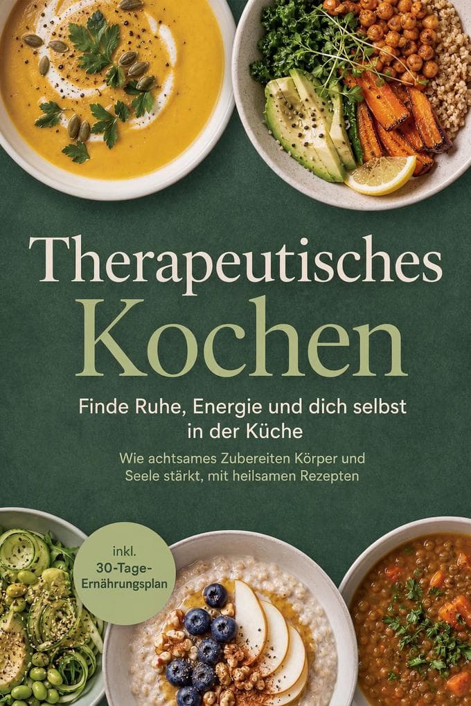 Therapeutisches Kochen: Finde Ruhe, Energie und dich selbst in der Küche - Wie achtsames Zubereiten Körper und Seele stärkt, mit heilsamen Rezepten & inkl. 30-Tage-Ernährungsplan