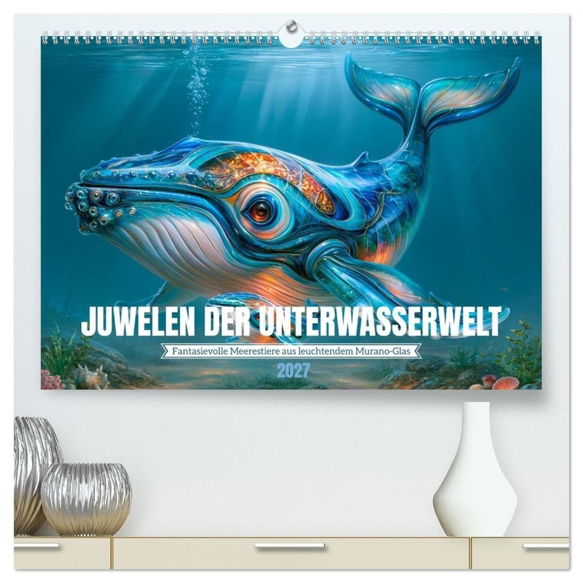 JUWELEN DER UNTERWASSERWELT (hochwertiger Premium Wandkalender 2027 DIN A2 quer), Kunstdruck in Hochglanz: Fantasievolle Meerestiere aus leuchtendem Murano-Glas