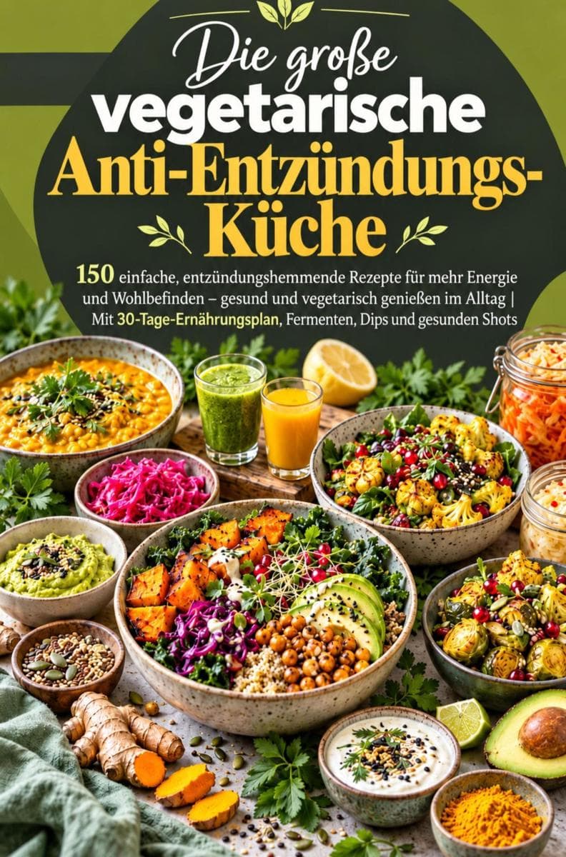 Die große vegetarische Anti-Entzündungs-Küche: 150 einfache, entzündungshemmende Rezepte für mehr Energie und Wohlbefinden: Gesund und vegetarisch genießen im Alltag | Mit 30-Tage-Ernährungsplan, Fermenten, Dips und gesunden Shots