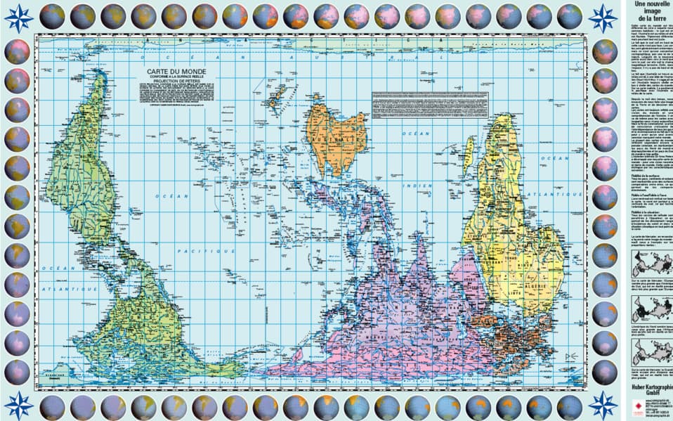 Poster Weltkarte Petersprojektion, Up-side down französisch (ca. 82,5 x 52,3 cm)