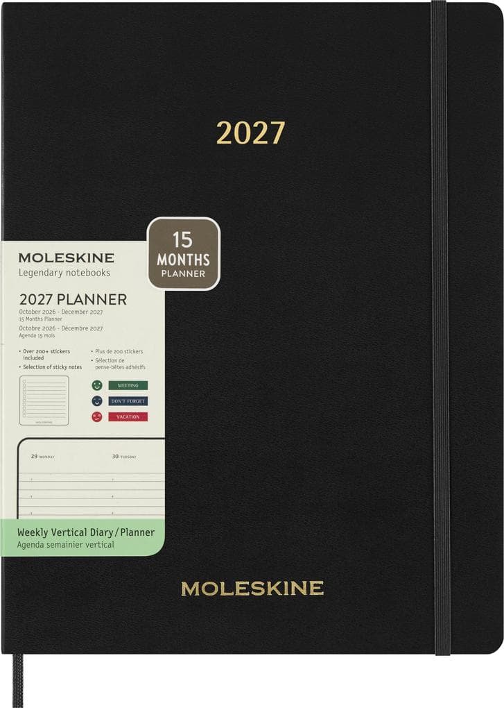 Moleskine 15 Monate Essential Wochenkalender 2026/2027, 1 Wo = 2 Seiten, vertikal, XXL, weicher Einband, Schwarz