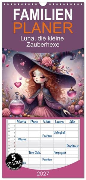 Familienplaner 2027 - Luna, die kleine Zauberhexe mit 5 Spalten (Wandkalender, 21 x 45 cm) CALVENDO