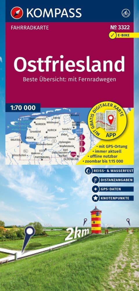 KOMPASS Fahrradkarte 3322 Ostfriesland mit Knotenpunkten 1:70.000