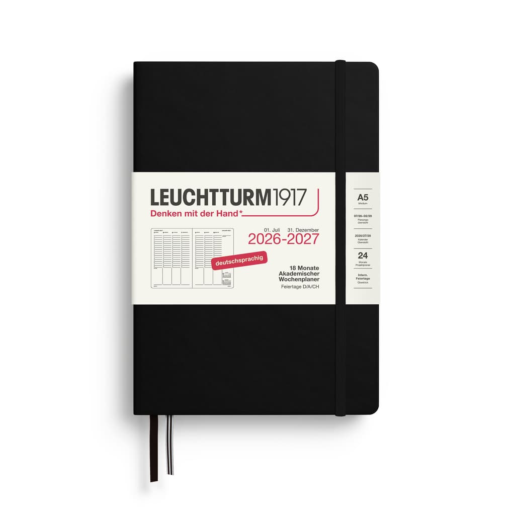 Akademischer Wochenplaner Medium (A5) 2027, 18 Monate, Schwarz, Deutsch