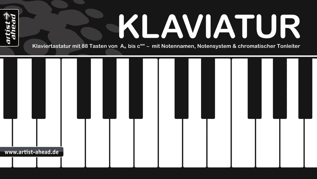 Klaviatur: Ausklappbare Klaviertastatur mit 88 Tasten von A'' bis c''''', mit Notennamen, Notensystem und chromatischer Tonleiter (360g-Kartonpapier).