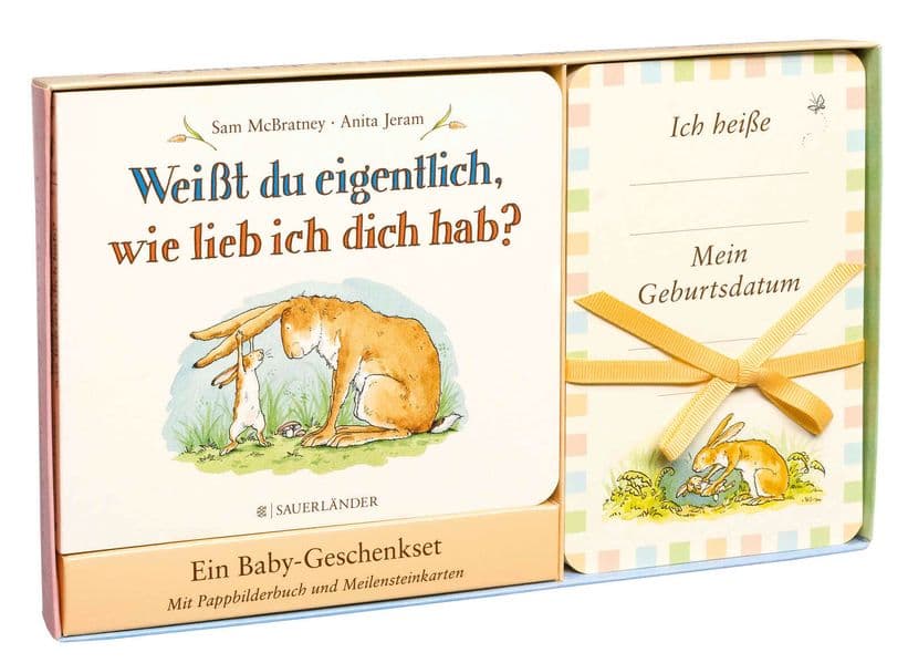 Weißt du eigentlich, wie lieb ich dich hab? Baby-Geschenkset: Mit Pappbilderbuch und Meilensteinkarten | Geschenkidee für Babyparty, Geburt und Taufe