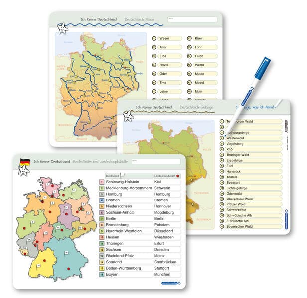 Ich kenne Deutschland - 1. Bundesländer & Landeshauptstädte, 2. Flüsse, 3. Gebirge im Set: Für die 3. bis 5. Klasse - 3 stabile wiederbeschreibbare Lernvorlagen im großen Format, 32,5 x 25 cm (Vorder- und Rückseite) mit einem Spezialstift, trocken abwischbar ohne zu schmieren und ohne Farbrückstände.
