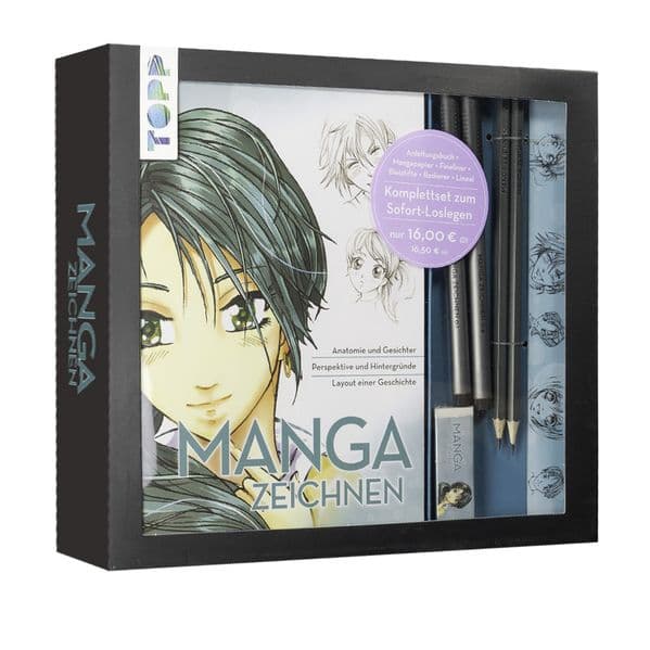 Kreativ-Set Manga zeichnen: Buch mit Mangagrundlagen (32 Seiten, 14 x 21 cm, Softcover) sowie Zeichenmaterial: Mangapapierblock A5, 2 Fineliner, 2 Bleistifte, Radiergummi, Lineal