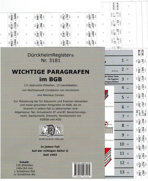 DürckheimRegister® BGB - 111 WICHTIGE §§ im BGB: 111 Registeretiketten (sog. Griffregister) für dein BGB - Mit den wichtigsten Paragrafen OHNE STICHWORTE In jedem Fall auf der richtigen Seite®