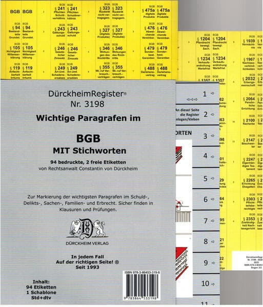 DürckheimRegister® BGB - WICHTIGE §§ MIT STICHWORTEN Im Bürgerlichen Gesetzbuch: Ca. 95 Registeretiketten (sog. Griffregister) für dein BGB - Mit den wichtigsten Paragrafen UND STICHWORTEN In jedem Fall auf der richtigen Seite®