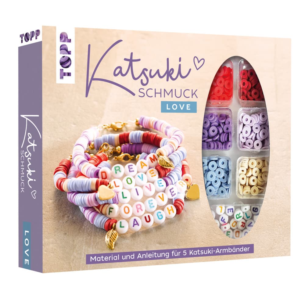 Katsuki Schmuckset mit Buchstabenperlen - LOVE: Anleitung und Material für fünf Armbänder in zarten Farben mit Botschaften (LOVE, DREAM, LIVE, FOREVER, LAUGH)