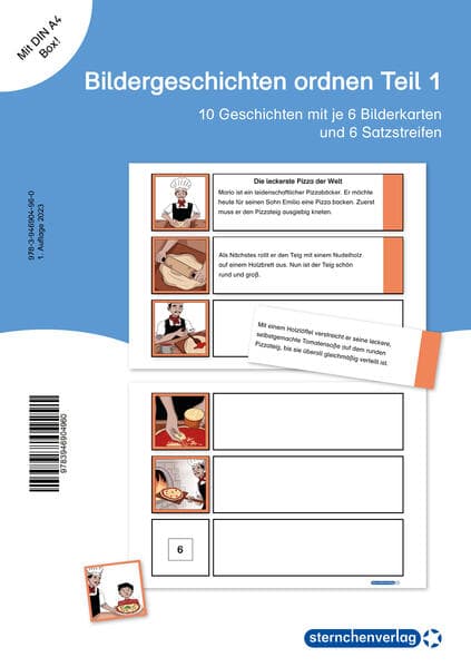 Bildergeschichten ordnen - Teil 1 Schülerarbeitsmaterial für die 2. bis 3. Klasse: 10 Geschichten mit je 6 Bildkarten und 6 Satzstreifen in der DIN A4-Box mit Etikett gratis