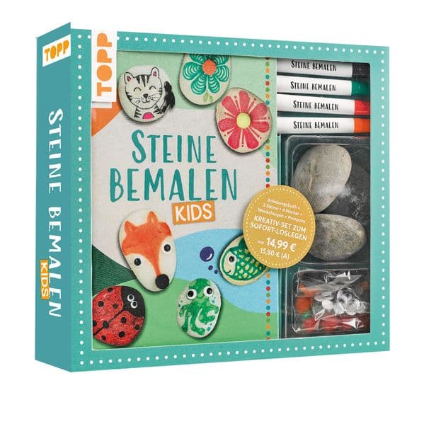 Kreativ-Set: Steine bemalen Kids mit Wackelaugen, Pompons, Anleitungsbuch & Material: Buch (32 S., DIN A5, Softcover), 3 Steine, 4 Marker mit 2 Spitzen in Rot, Orange, Grün, Schwarz, Wackelaugen, Pompons