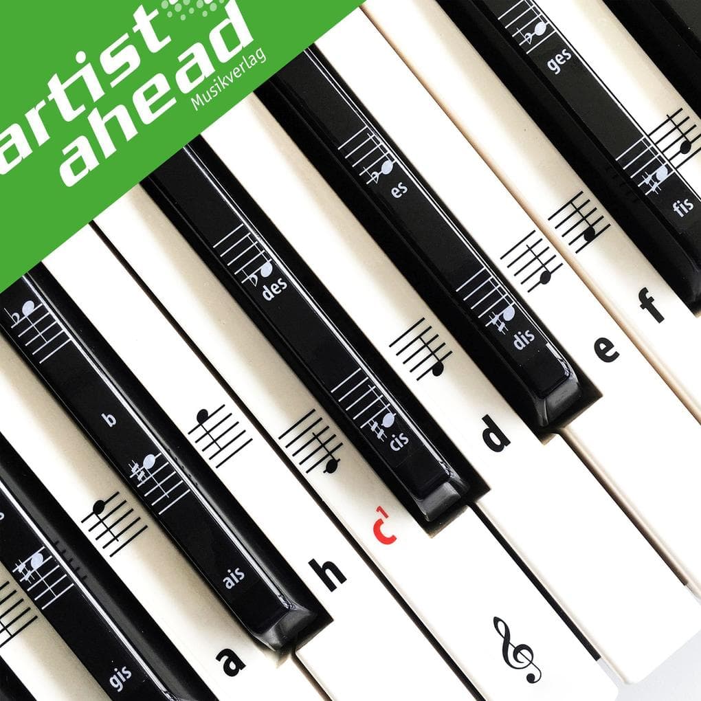 ARTIST AHEAD® Noten Aufkleber für Klavier & Keyboard: Piano Sticker Komplettset für 49 / 61 / 76 / 88 schwarze + weiße Tasten / C-D-E-F-G-A-H (inkl. Anleitung, Holzspatel & Mikrofasertuch)
