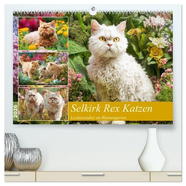 Selkirk Rex Katzen. Lockenzauber im Blumengarten (hochwertiger Premium Wandkalender 2026 DIN A2 quer), Kunstdruck in Hochglanz: Diese besonderen Katzen erobern mit ihren charmanten Locken den Garten