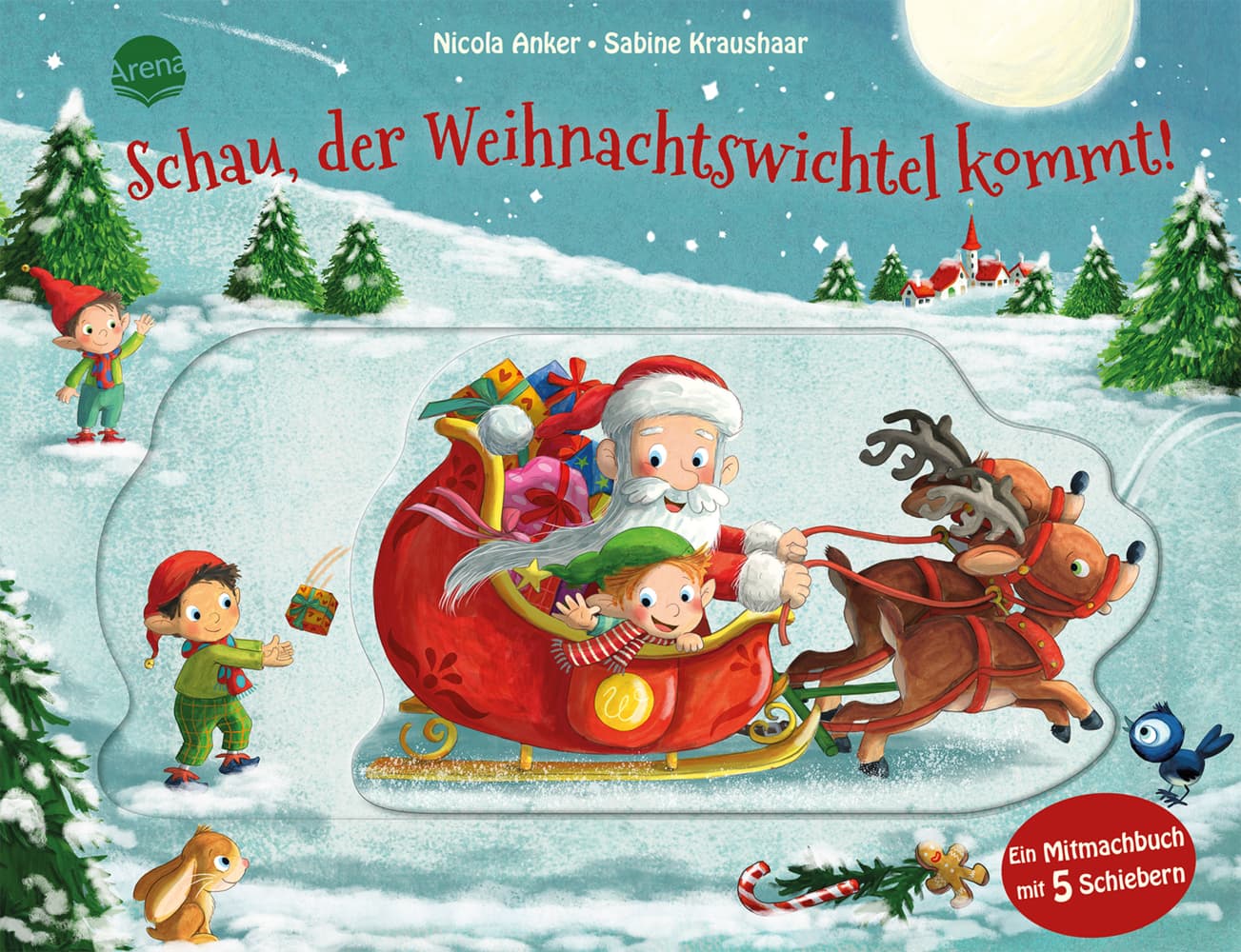 Schau, der Weihnachtswichtel kommt!: Ein stabiles Mitmachbuch für die Weihnachtszeit mit 5 Fahrzeug-Schiebern für Kinder ab 2 Jahren