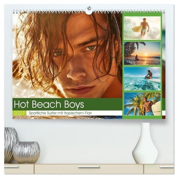 Hot Beach Boys (hochwertiger Premium Wandkalender 2027 DIN A2 quer), Kunstdruck in Hochglanz: Dieser faszinierende Wandkalender entführt dich Monat für Monat an traumhafte Strände, wo sportliche Surfer, türkisblaues Meer und magische Sonnenuntergänge eine einzigartige Sommerstimmung schaffen.