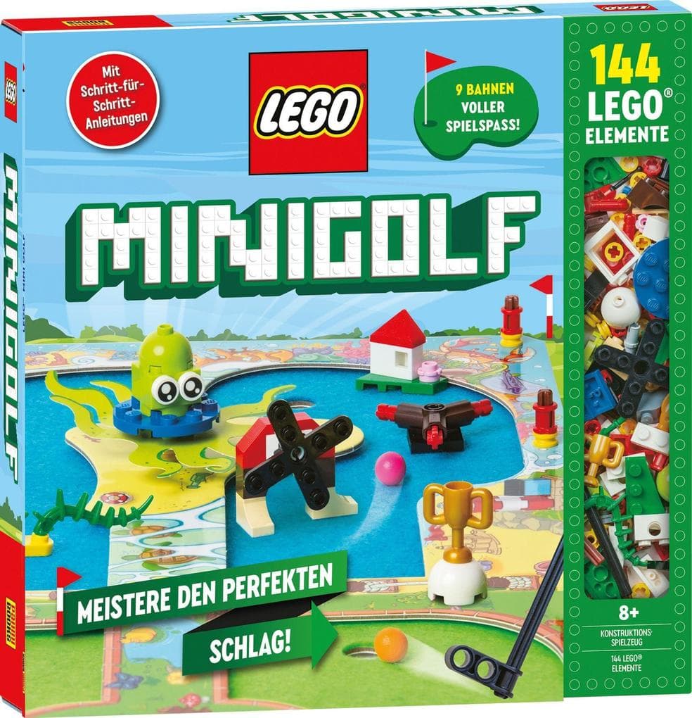 LEGO® Minigolf: Buch mit Bauanleitungen (56 Seiten) + 144 LEGO® Elemente + 2 Papierbogen mit vorgestanzten Teilen + 2 Filzbogen + 9 Minigolfbälle aus Holz + 2 Minigolfplatzbogen
