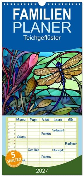 Familienplaner 2027 - Teichgeflüster mit 5 Spalten (Wandkalender, 21 x 45 cm) CALVENDO: Tiere am Teich in farbigem Glas