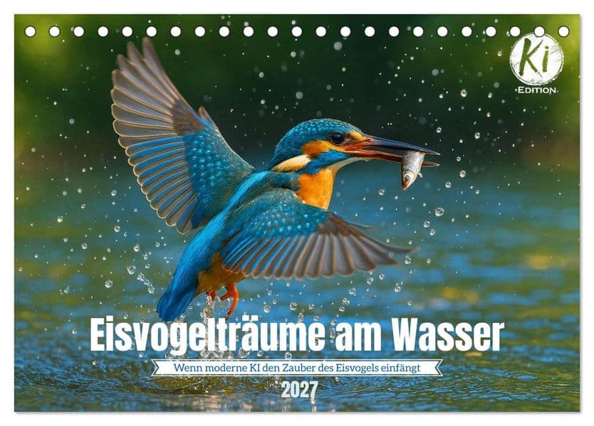 Eisvogelträume am Wasser (Tischkalender 2027 DIN A5 quer), CALVENDO Monatskalender: Jeden Monat ein digitales Kunstwerk - Eisvögel, wie Sie sie noch nie gesehen haben!
