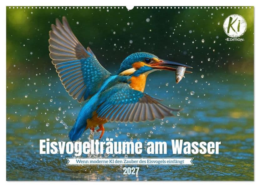 Eisvogelträume am Wasser (Wandkalender 2027 DIN A2 quer), CALVENDO Monatskalender: Jeden Monat ein digitales Kunstwerk - Eisvögel, wie Sie sie noch nie gesehen haben!