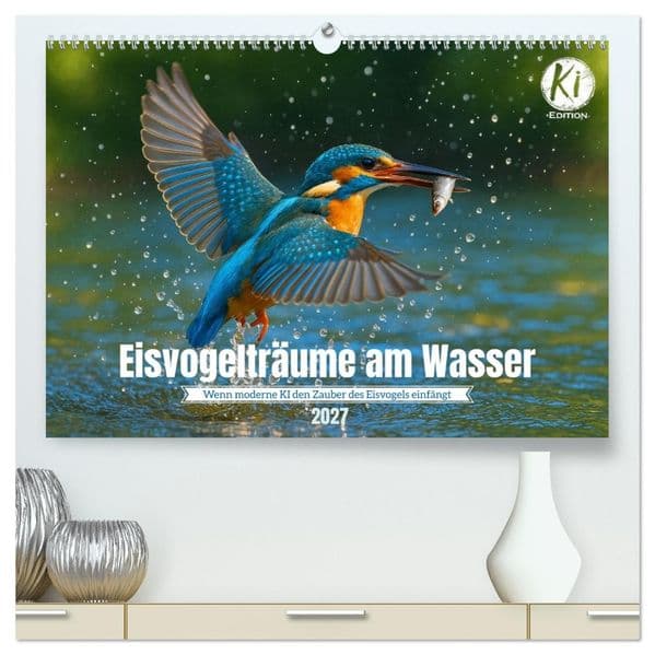Eisvogelträume am Wasser (hochwertiger Premium Wandkalender 2027 DIN A2 quer), Kunstdruck in Hochglanz: Jeden Monat ein digitales Kunstwerk - Eisvögel, wie Sie sie noch nie gesehen haben!