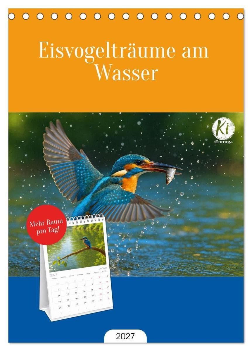 Tischplaner 2027 - Eisvogelträume am Wasser (A5 Tischkalender zum Aufstellen) CALVENDO: Jeden Monat ein digitales Kunstwerk - Eisvögel, wie Sie sie noch nie gesehen haben!